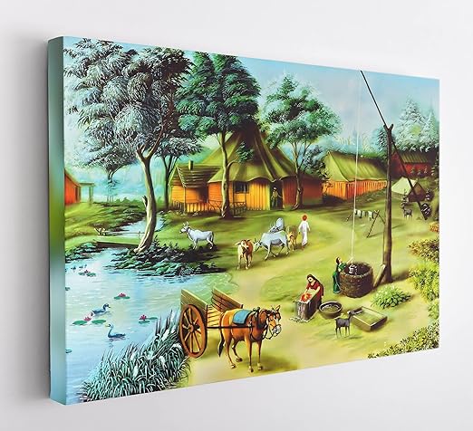 village scene with pond and huts