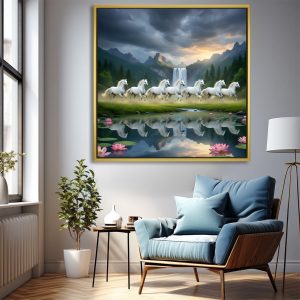 Lotus Cascade 7 Horses Waterfall Vastu Painting