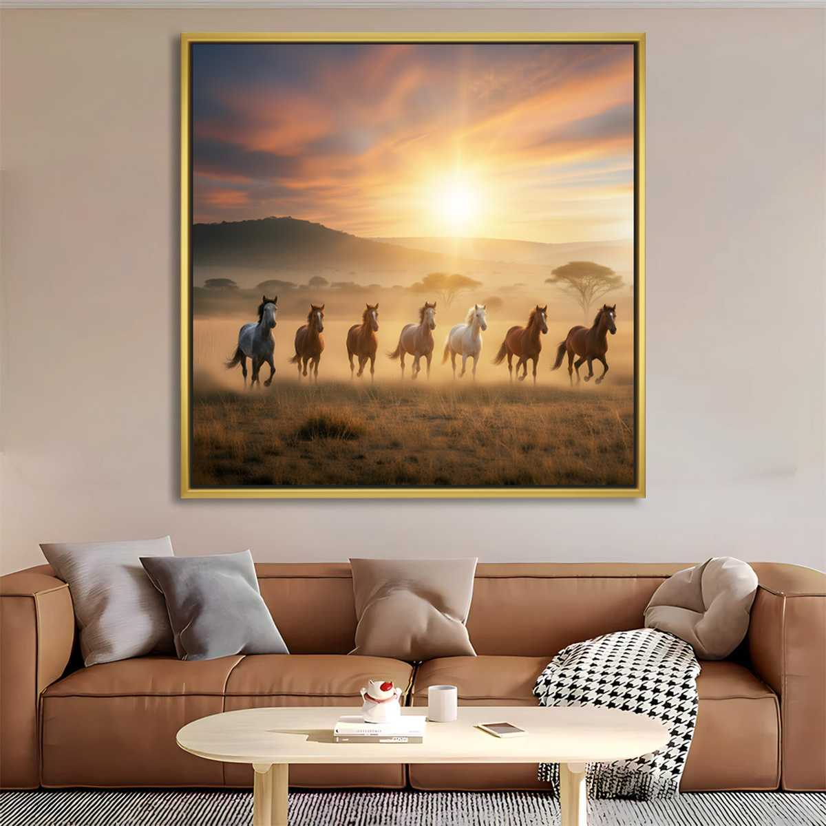 Saffron Mist 7 Horses Canvas Painting - Image 2