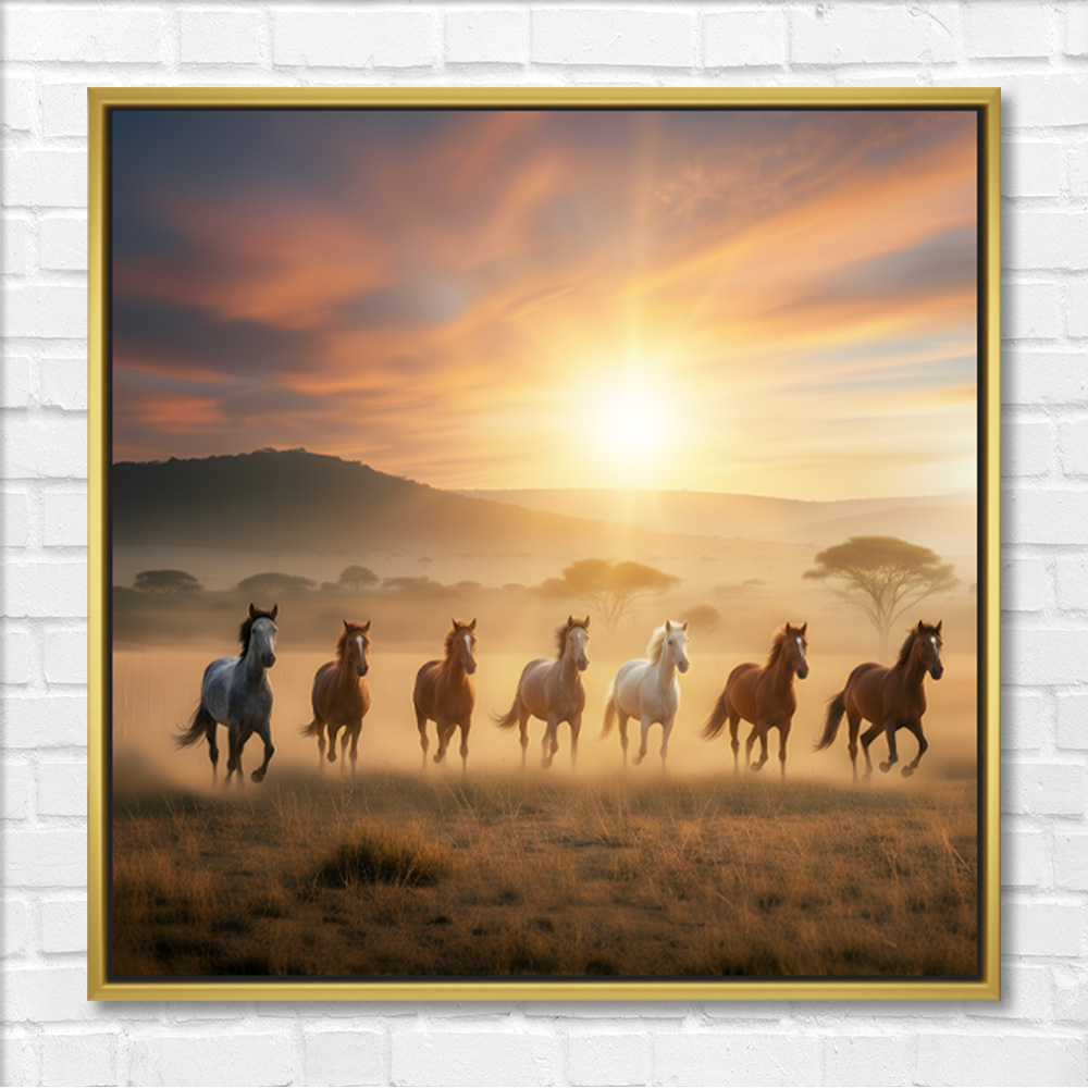 Saffron Mist 7 Horses Canvas Painting - Image 3