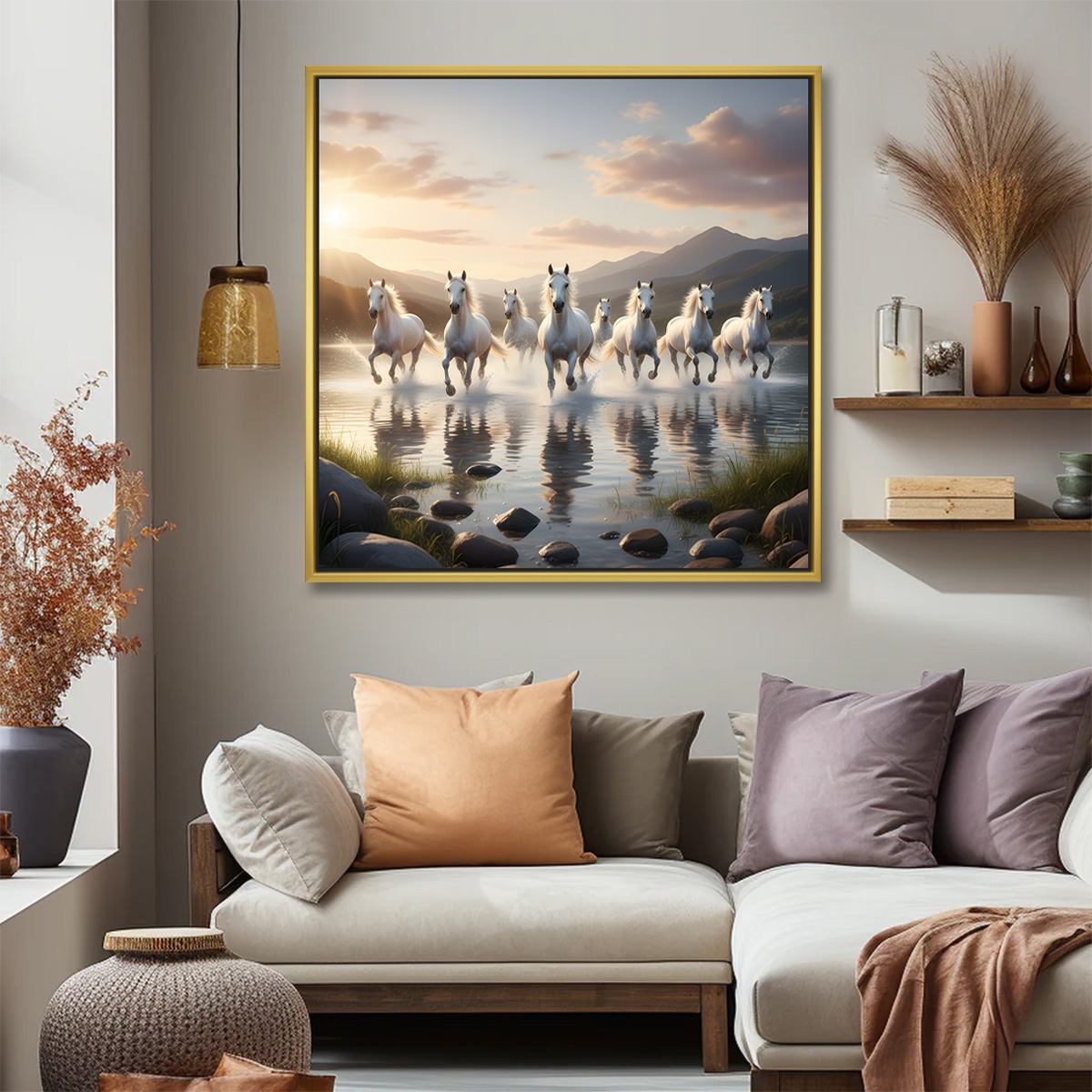 Pebble Shore Seven Horses Canvas Painting - Image 2