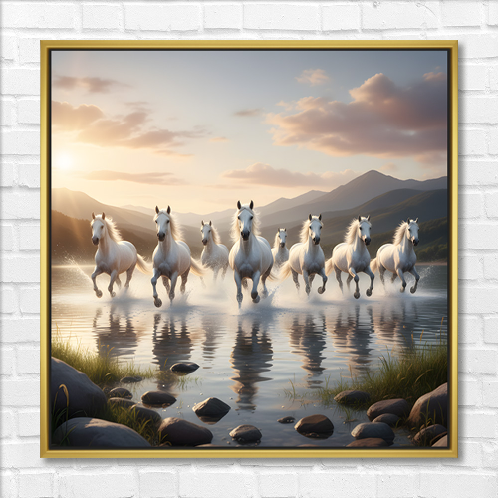 Pebble Shore Seven Horses Canvas Painting - Image 3