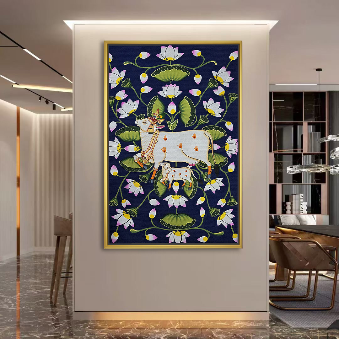 Lotus Garland Kamadhenu with Calf Painting - Image 2