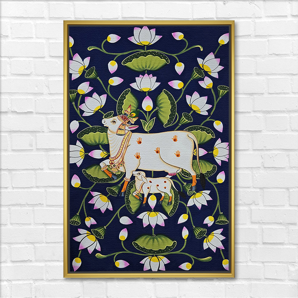 Lotus Garland Kamadhenu with Calf Painting - Image 3