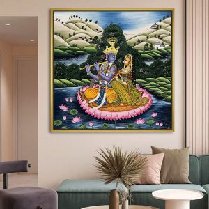 Radha‑Krishna on Lotus Barge in Yamuna Painting
