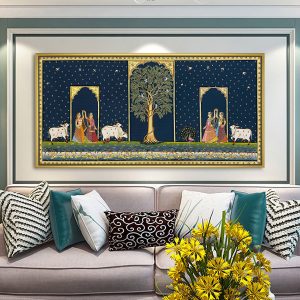 Starry Night Radha‑Krishna with Peacock Cows