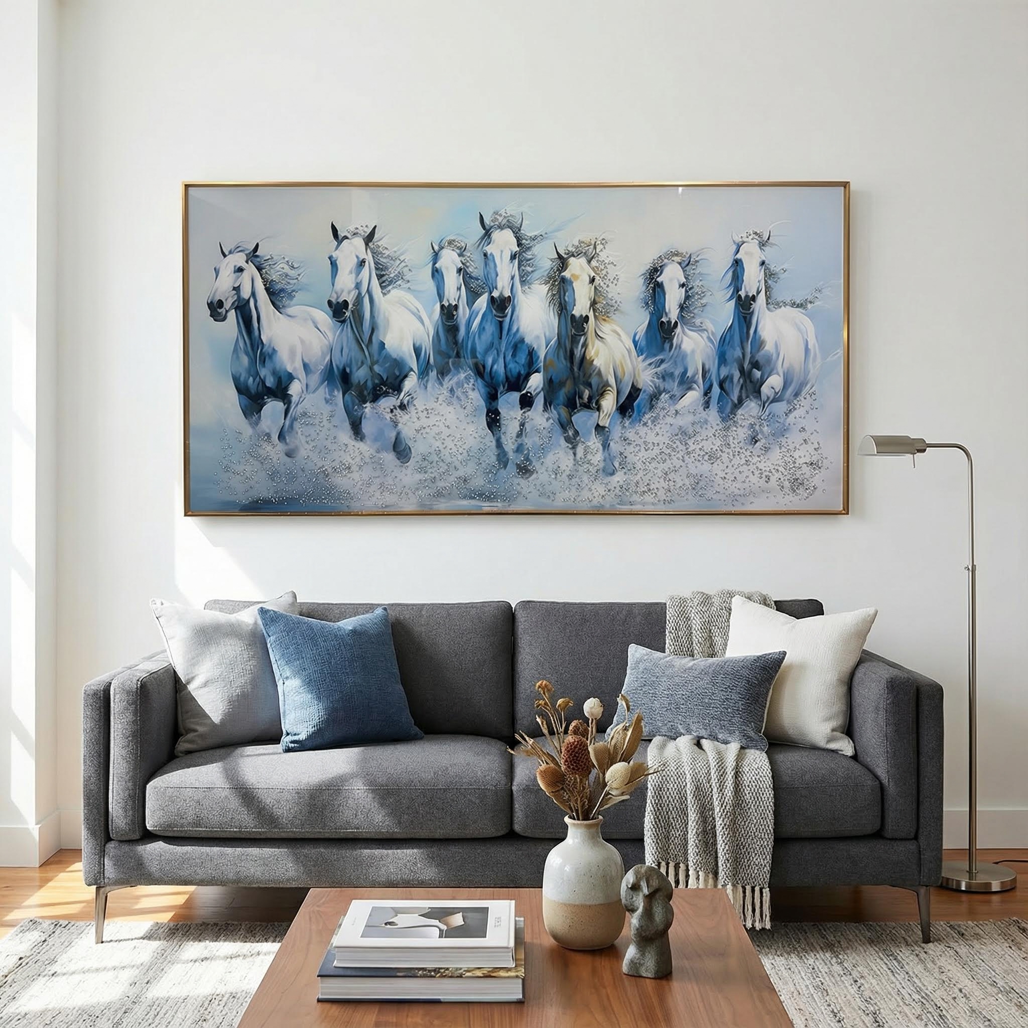 Frost Surge Seven Horses Crystal Glass Painting