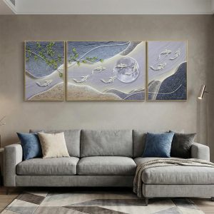 Abstract Textured Koi Fish and Moon Crystal Painting - Set of 3