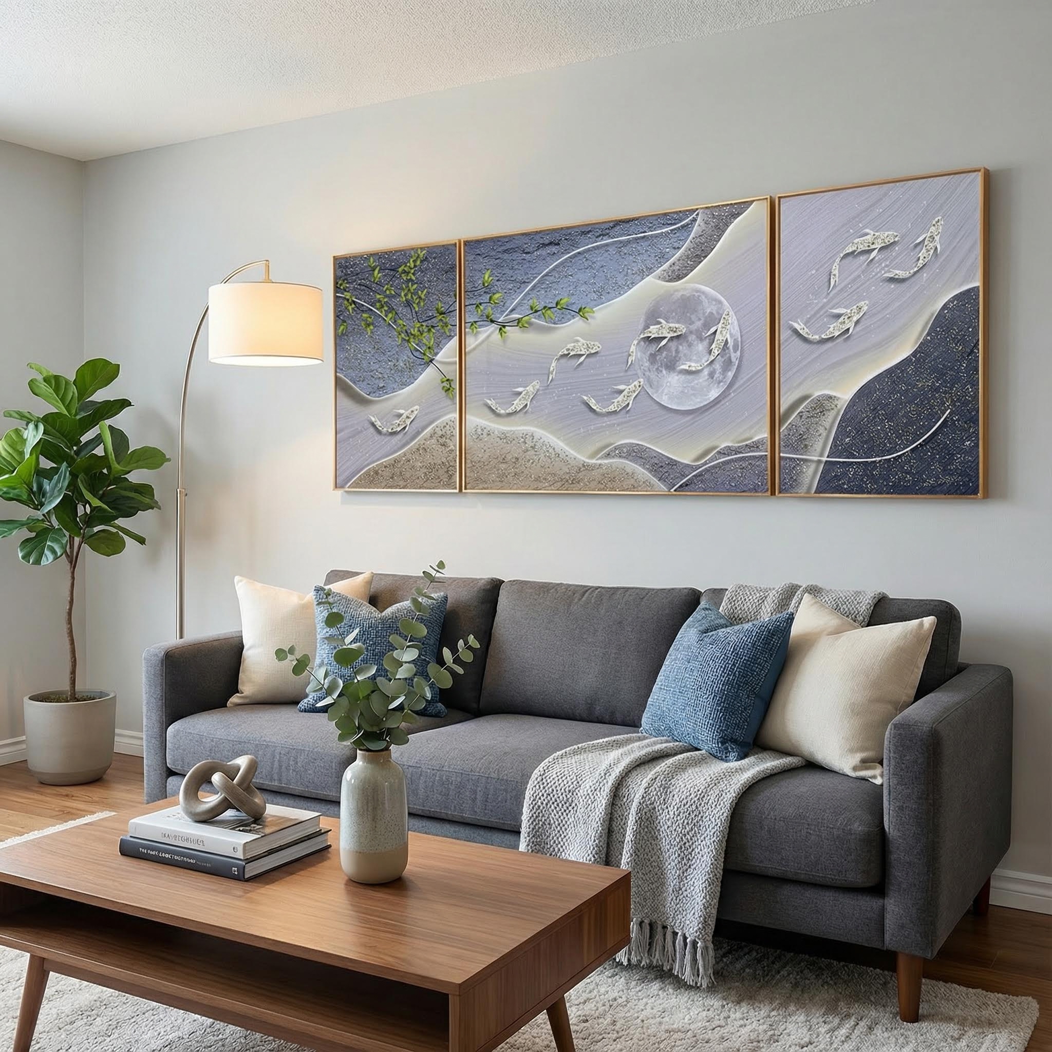 Abstract Textured Koi Fish and Moon Crystal Painting - Set of 3 - Image 2