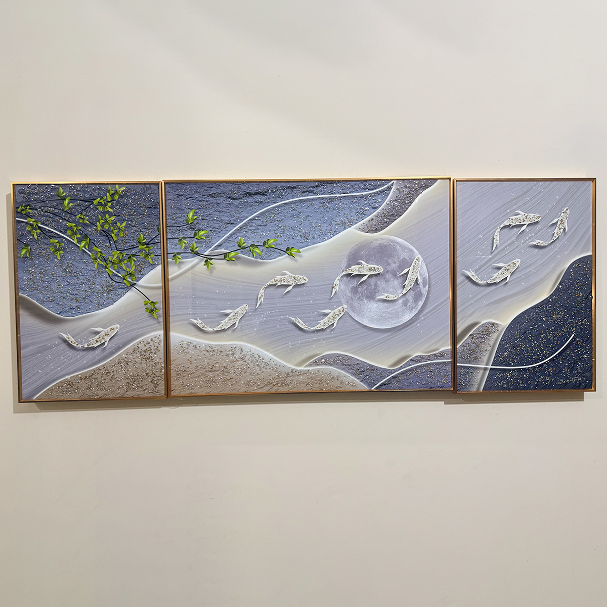 Abstract Textured Koi Fish and Moon Crystal Painting - Set of 3 - Image 3