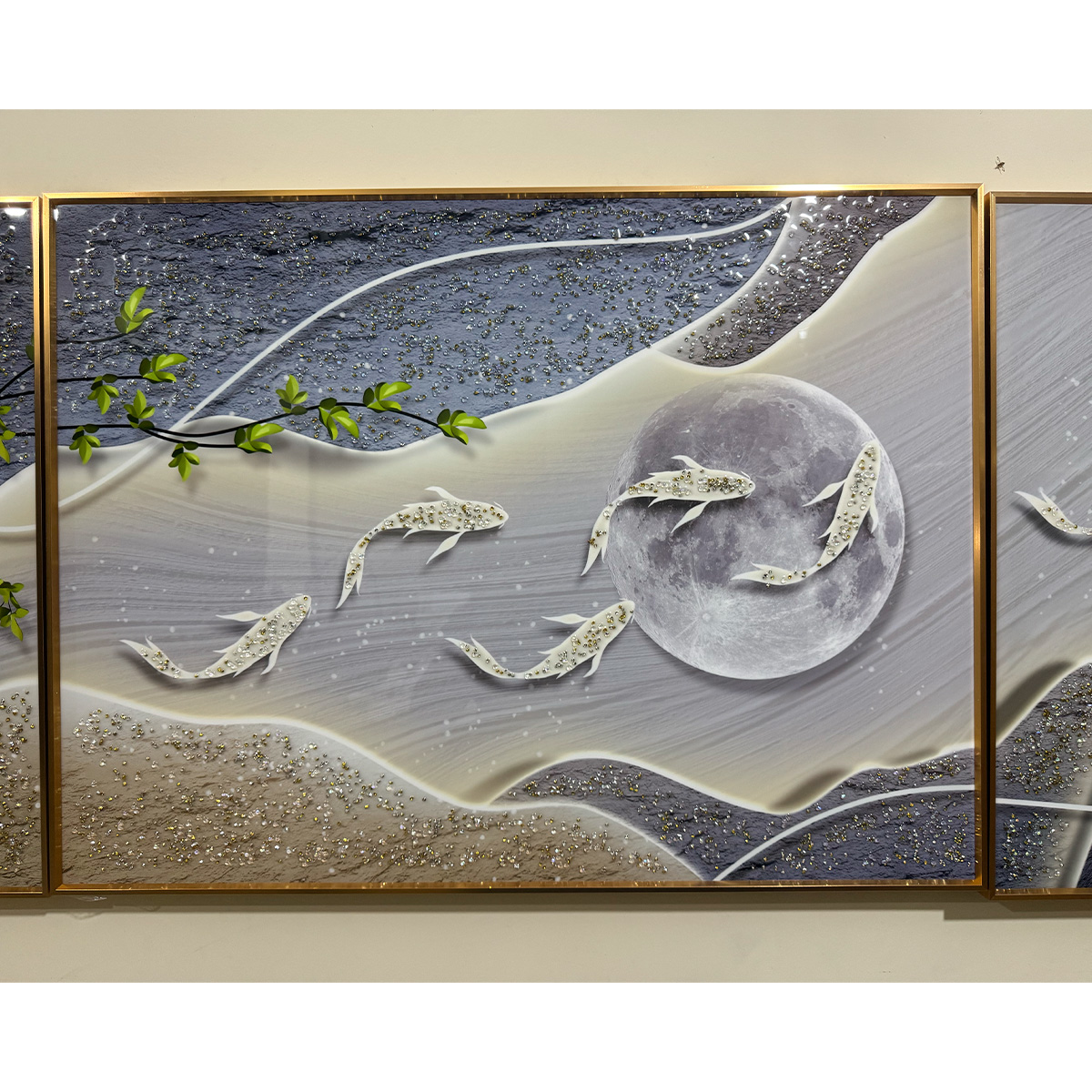 Abstract Textured Koi Fish and Moon Crystal Painting - Set of 3 - Image 5