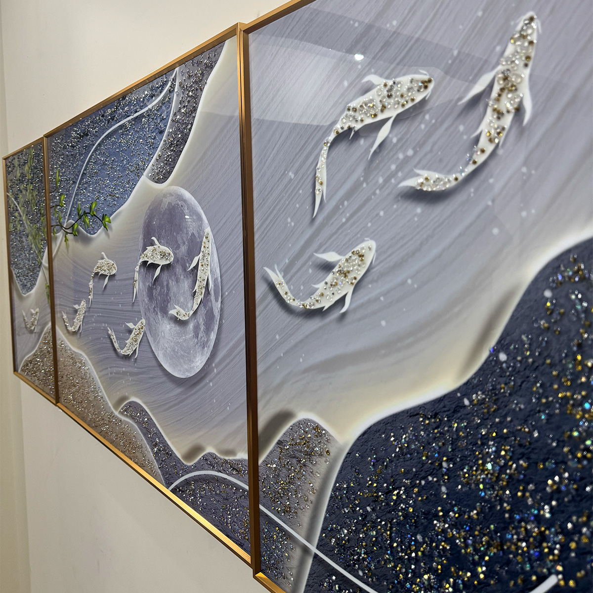 Abstract Textured Koi Fish and Moon Crystal Painting - Set of 3 - Image 6