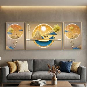 Golden Tranquility Modern Glass Painting – Set of 3