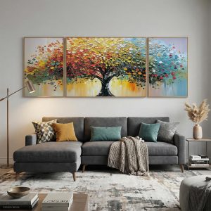 Colourful Tree of Life Impasto Glass Painting - Set of 3