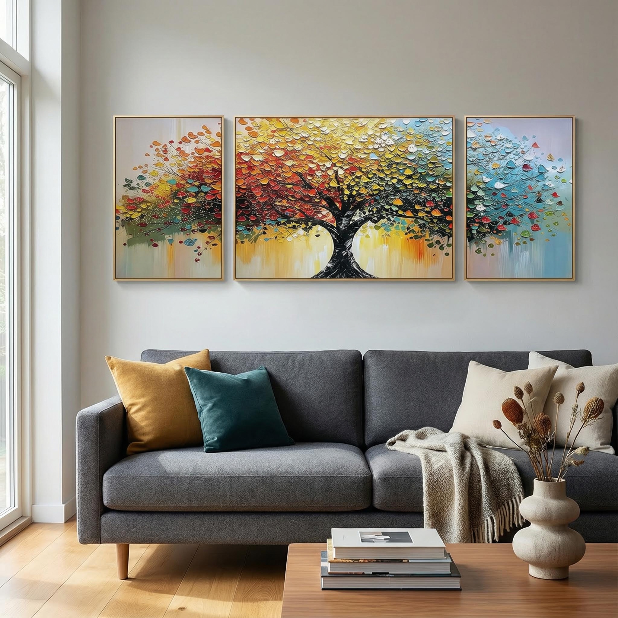 Colourful Tree of Life Impasto Glass Painting - Set of 3 - Image 2