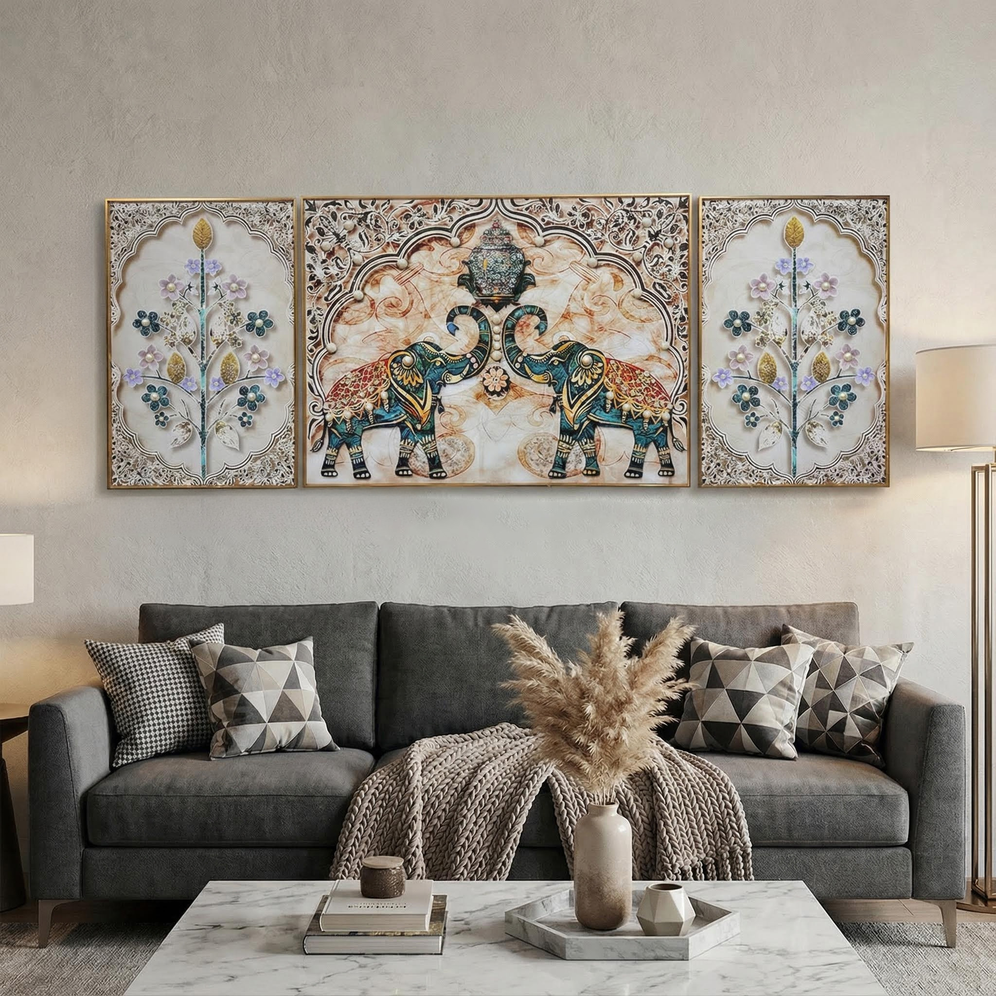 Traditional Indian Elephant Glass Painting - Set of 3