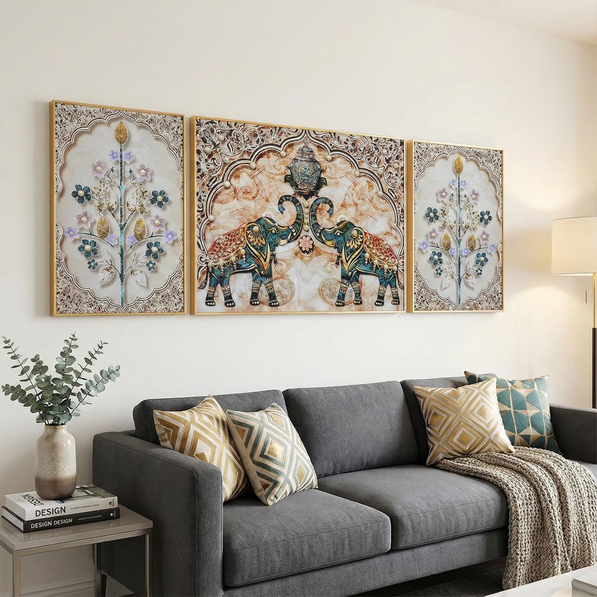 Traditional Indian Elephant Glass Painting - Set of 3 - Image 2