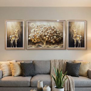 Sepia Fortune Tree and Deer Glass Painting - Set of 3