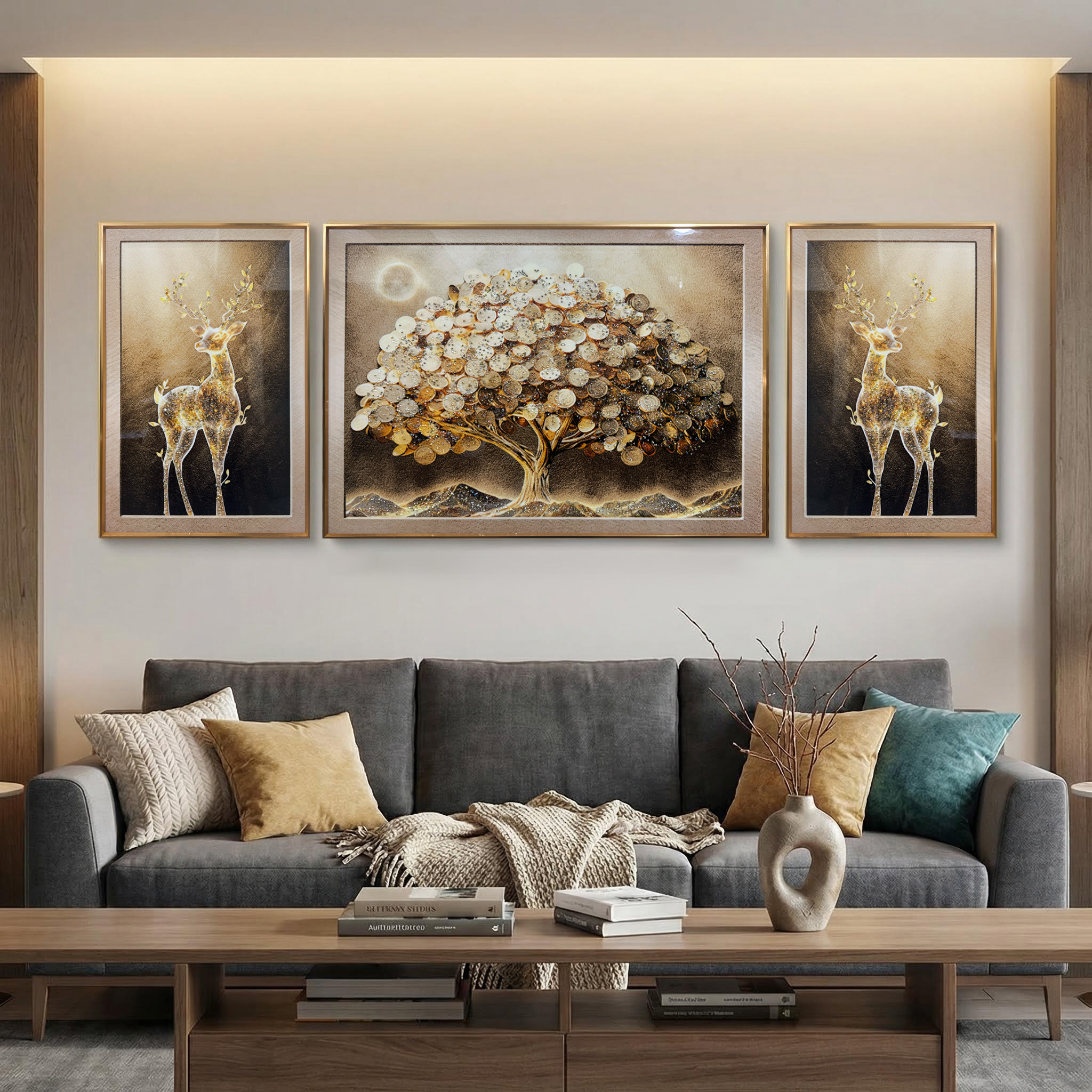 Sepia Fortune Tree and Deer Glass Painting - Set of 3 - Image 2