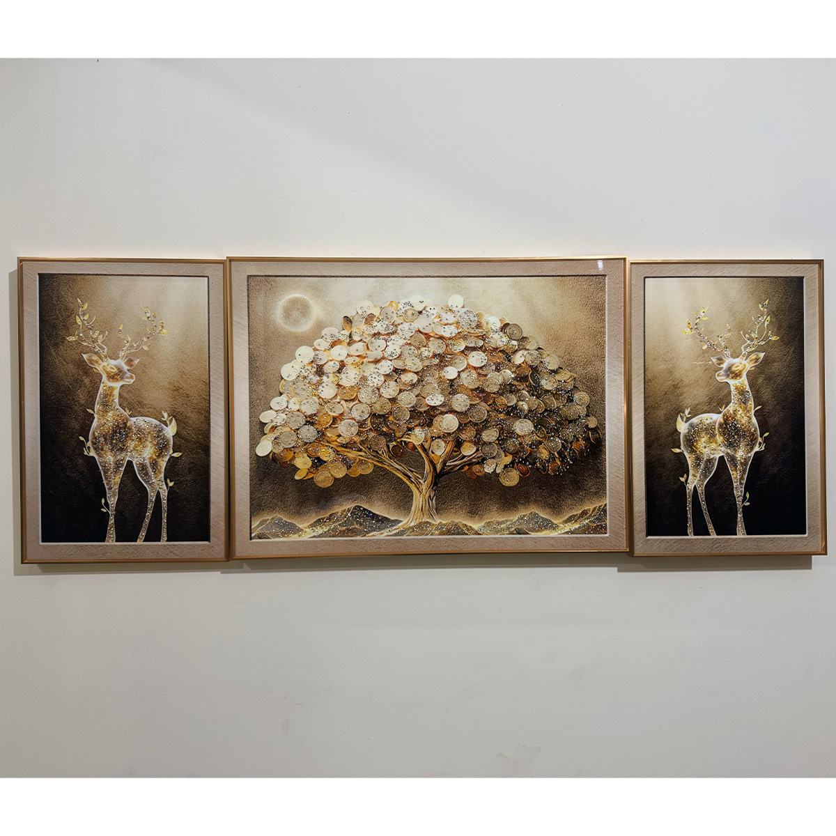 Sepia Fortune Tree and Deer Glass Painting - Set of 3 - Image 3