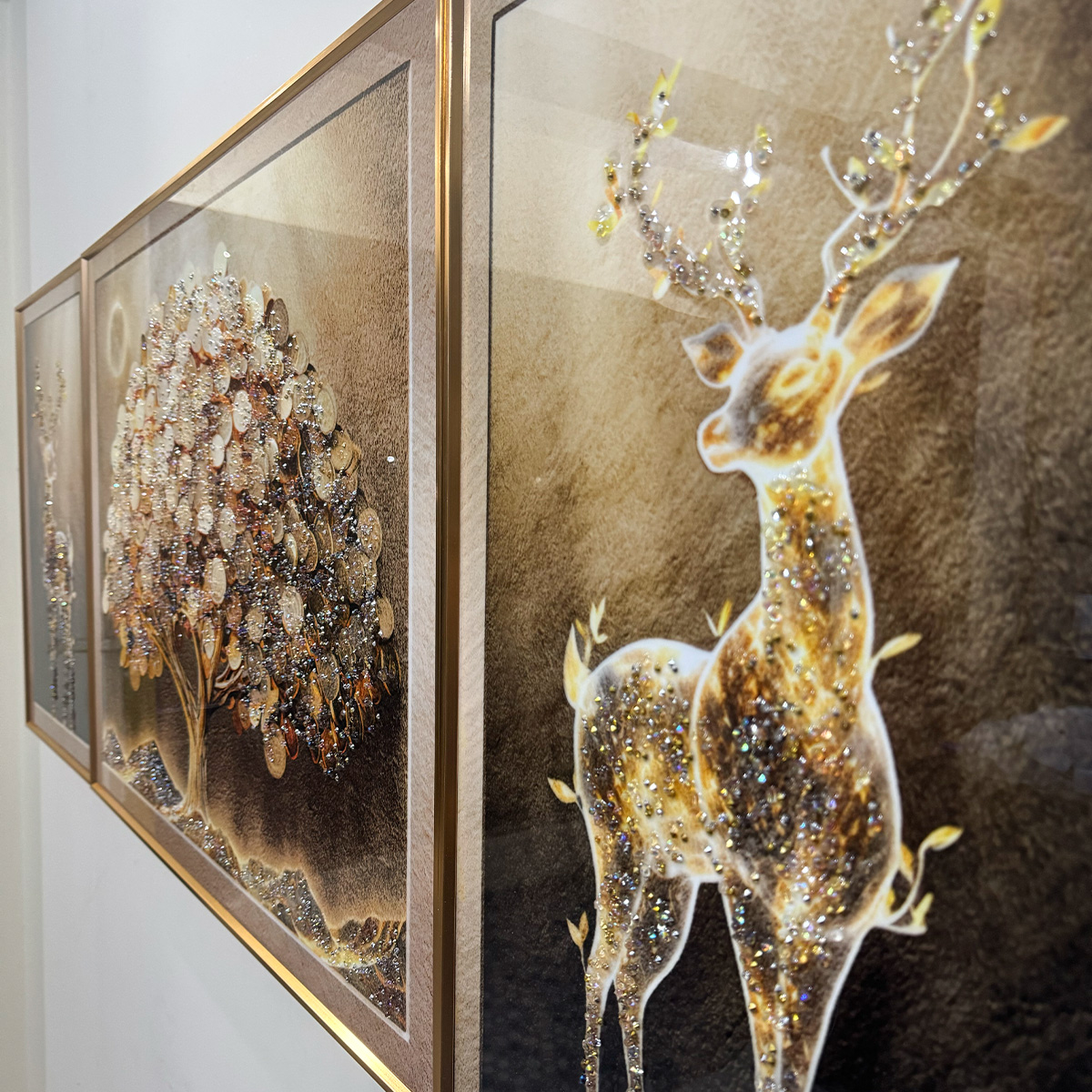 Sepia Fortune Tree and Deer Glass Painting - Set of 3 - Image 7