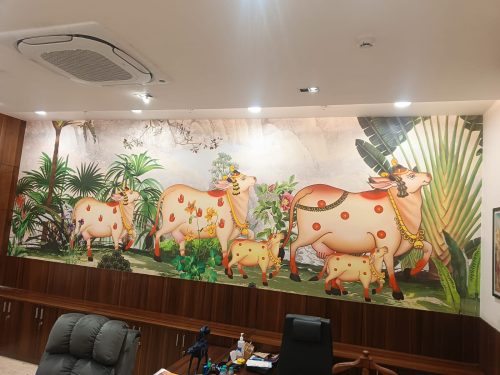 Click to view full screen Blossoming Forest Cows and Birds Pichwai Mural photo review