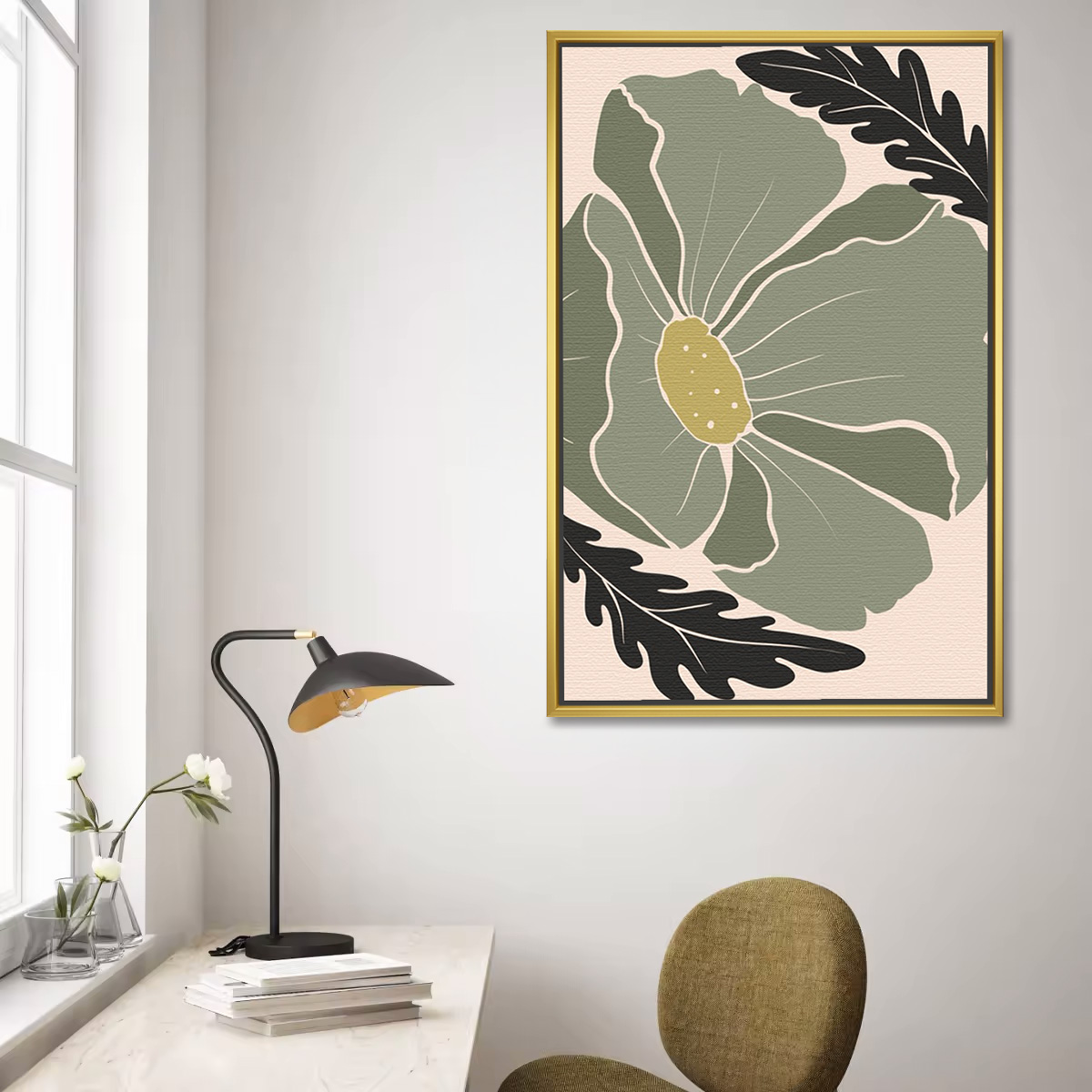 Single Olive Green Flower Bloom Painting
