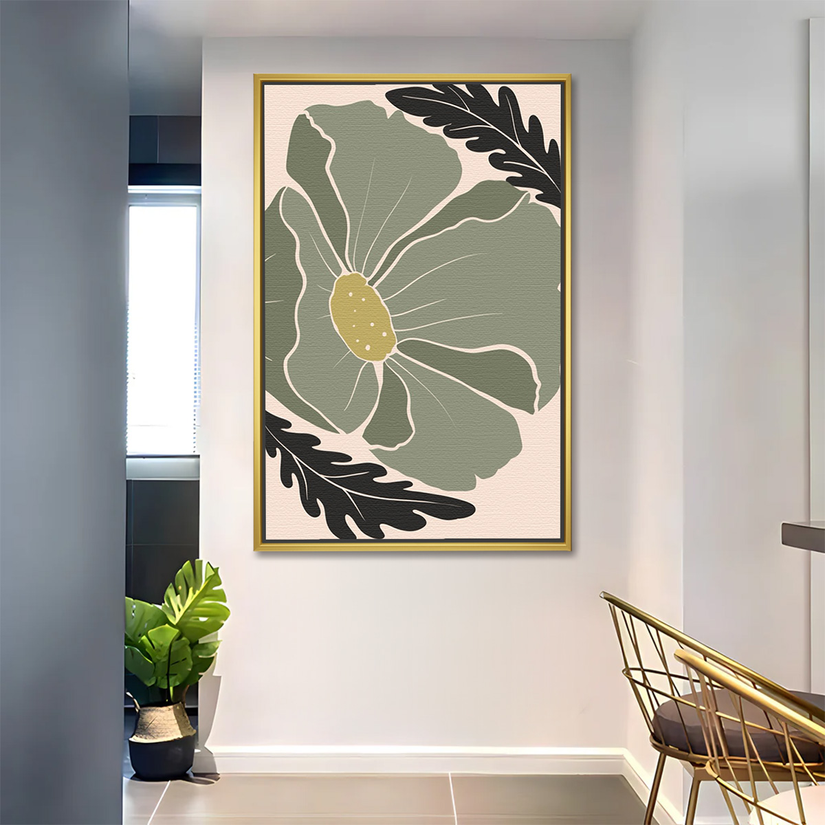 Single Olive Green Flower Bloom Painting - Image 2