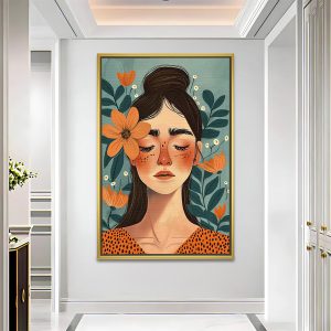 Woman with Orange Flower Blue Background