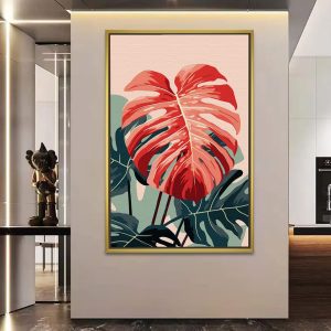 Coral Monstera Leaf Botanical Painting
