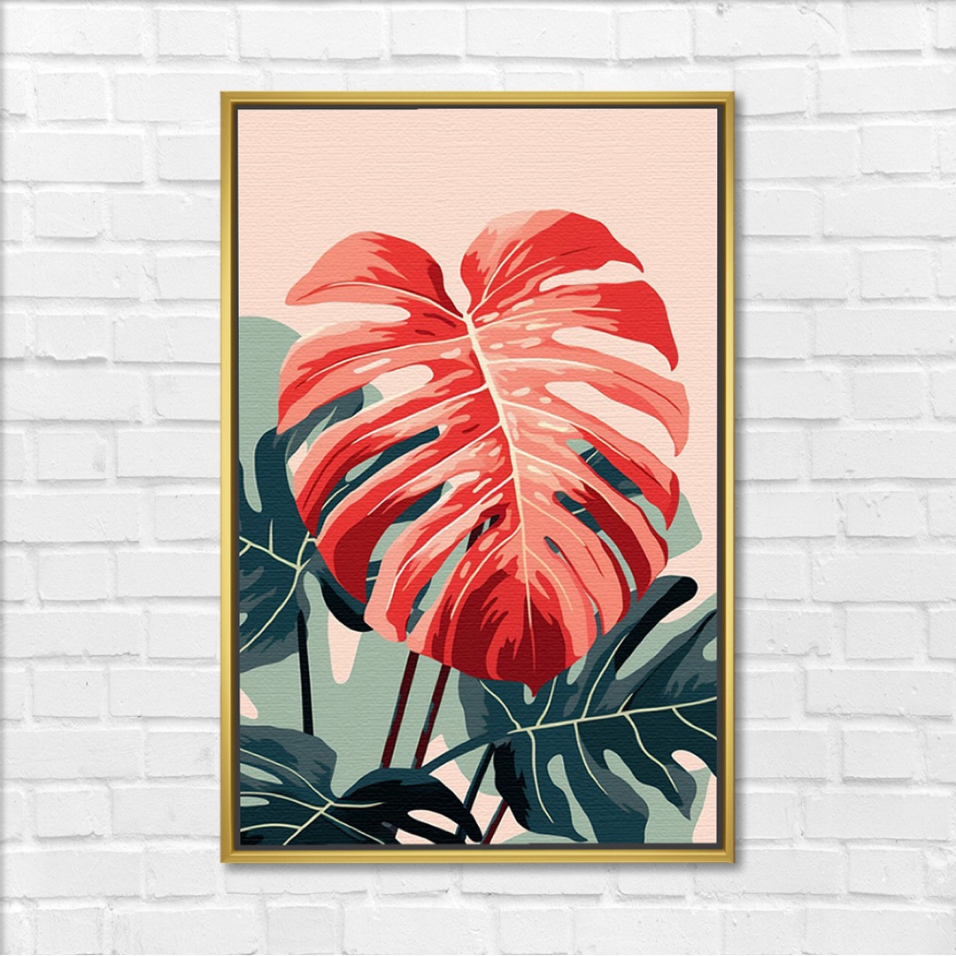 Coral Monstera Leaf Botanical Painting - Image 3