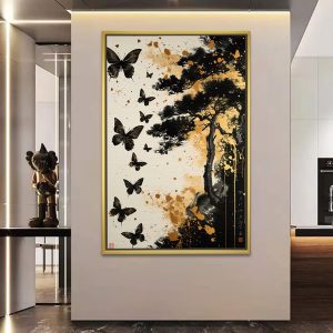 Golden Butterflies And Ink Pine Art