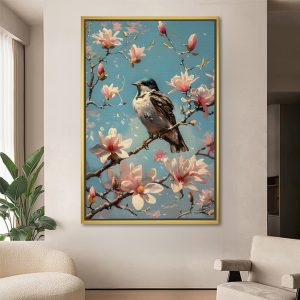 Songbird With Blossoms Under Blue Sky Painting