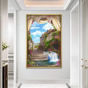 Village Street Fountain Canvas Painting