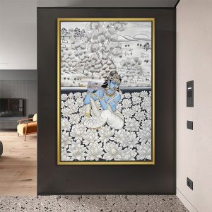 Flute Playing Krishna in Lotus Garden Pichwai Painting