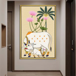 Modern Kamdhenu Cow with Lotus Background Pichwai Art