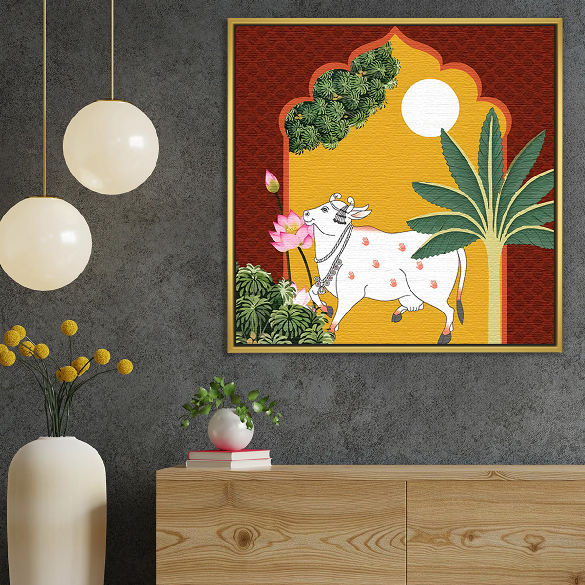 Sunrise Lotus Arch Kamdhenu Cow Painting