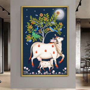 Kamadhenu Cow with Peacock Tree Pichwai Painting