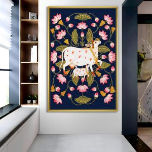 Kamadhenu Cow with Lotus Floral Motif Pichwai Painting