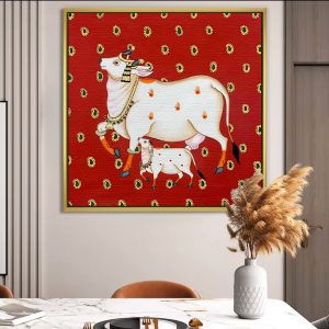 Kamadhenu Cow with Paisley Background Pichwai Painting