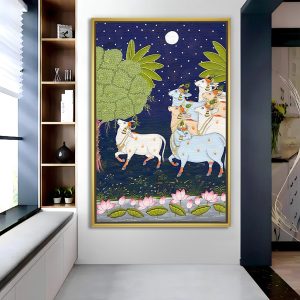 Sacred Cows in Moonlit Kadamba Garden Pichwai Painting