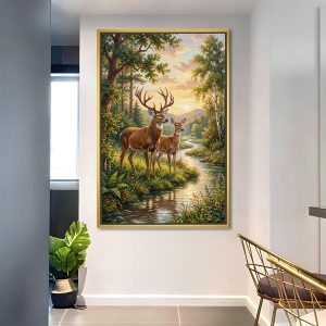 Serene Riverbank Deer Pair Vastu Painting