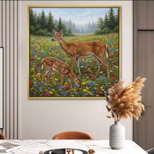 Vibrant Wildflower Deer Family Canvas Painting