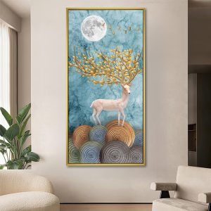 Serene White Deer Golden Leaf Moon Canvas