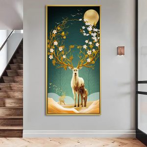 Blossoming Tree Antler Deer Family Vastu Painting