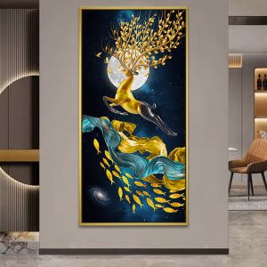 Leaping Golden Stag Prosperity Fish Vastu Canvas