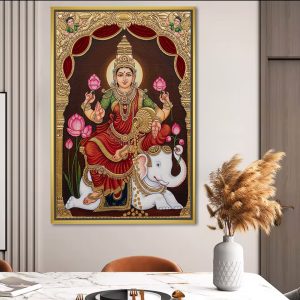 Royal Tanjore Style Dhanalakshmi Seated On Elephant Prosperity Portrait
