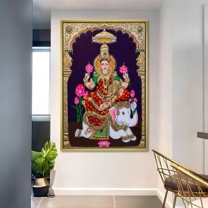 Antique Style Gajalakshmi Riding White Elephant Canvas Decor