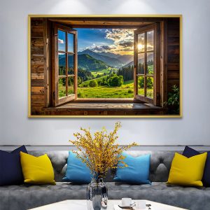 Picturesque Window View Rising Sun Painting