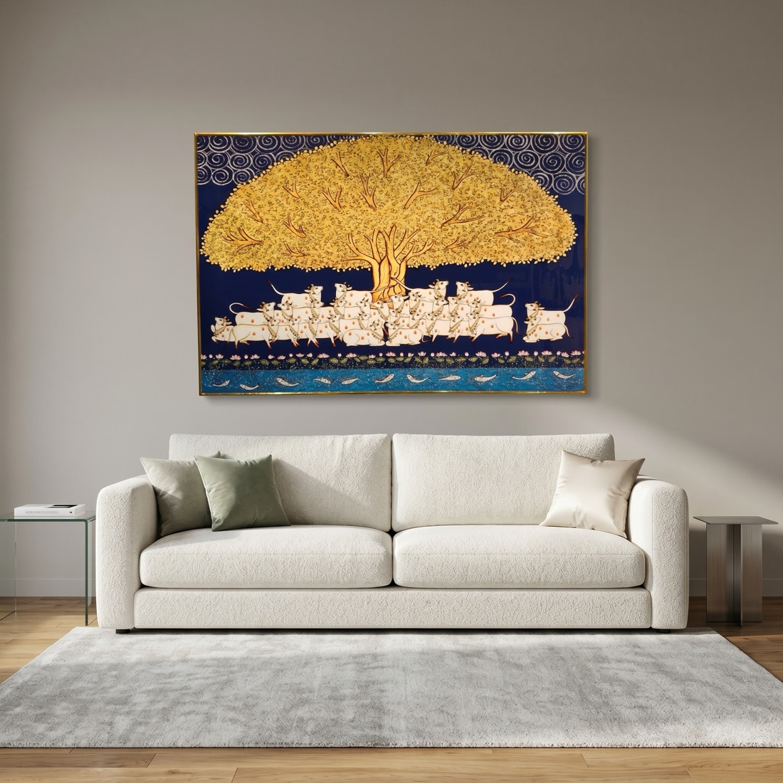 Sacred Cows Under Golden Tree of Life Pichwai Crystal Painting